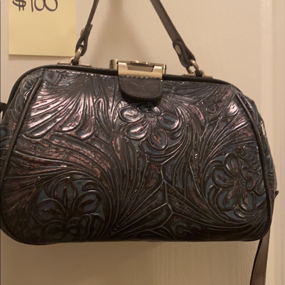 Floral Embossed Leather Bag - Black and Brown
